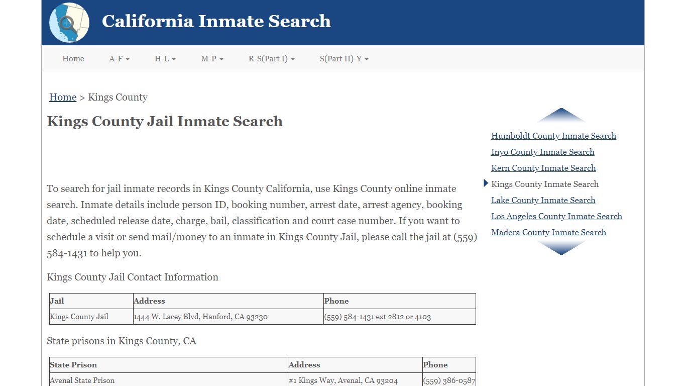 Kings County CA Jail Inmate Search